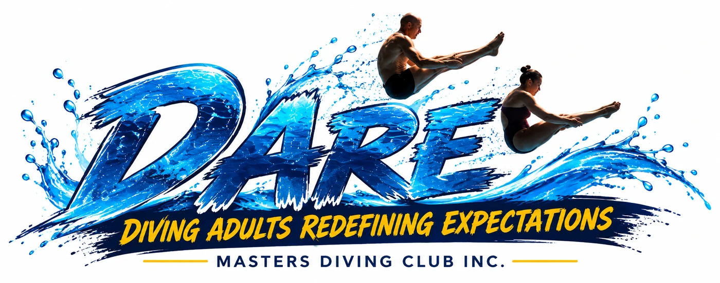 Dare Masters Diving Club logo: DARE in water-textured lettering with two divers, and the tagline Diving adults redefining expectations.